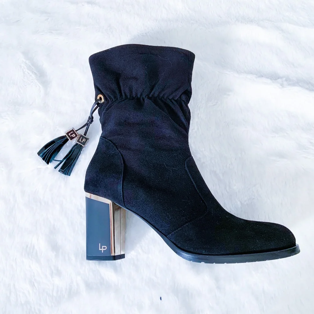 $498 | Loretta Pettinari | Suede Leather Black Ankle Boots Tassel Block Heel 40